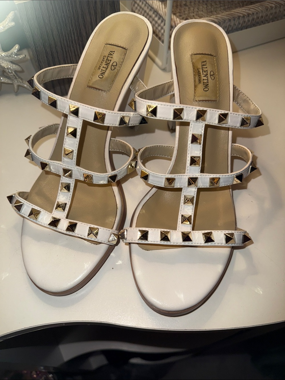 White studded chunky heels